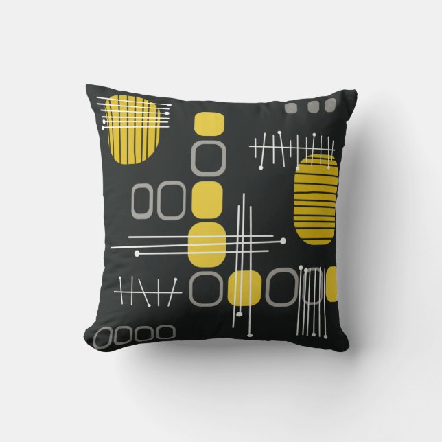 Almofada Abstrato Atômico Barkcloth Preto Amarelo (Frente)