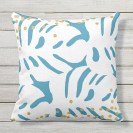 Almofada Abstrato Azul Aqua e Folhas Brancas com Faux Doura