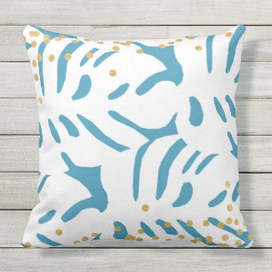 Almofada Abstrato Azul Aqua e Folhas Brancas com Faux Doura