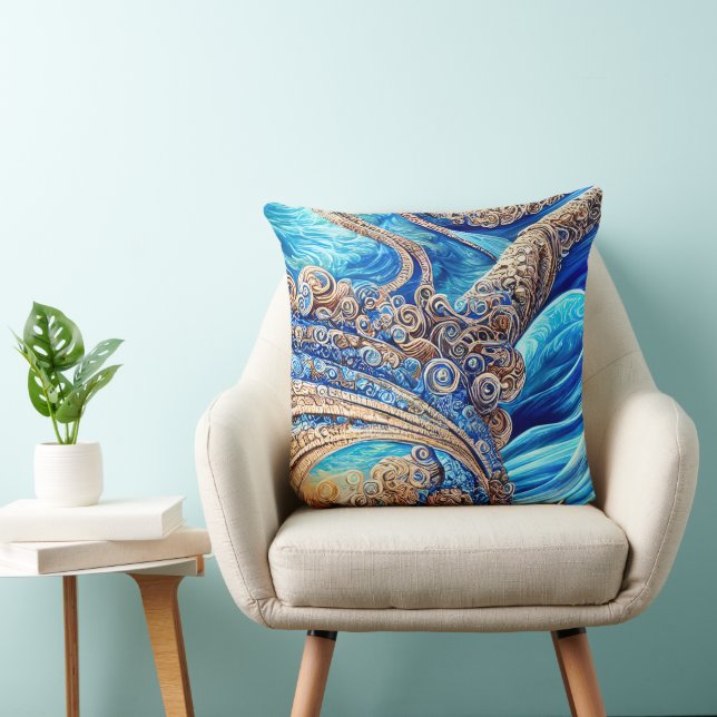 Almofada Abstrato Blue Ocean Ondas Ornamentado Surrealismo  (Cadeira)
