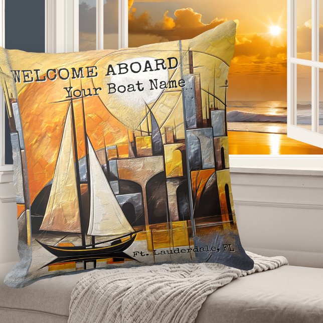 Almofada Abstrato de Arte Colorida Náutica (Colorful artistic pillow with a nautical theme, showing an abstract fine art painting of a sailboat)