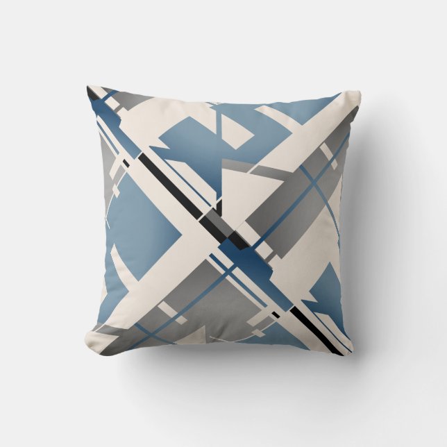 Almofada Abstrato de Arte Diagonal de Cinza Negra de  Azul  (Frente)