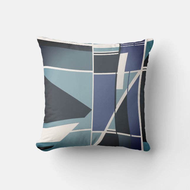 Almofada Abstrato de Arte Geométrica Branca de Chata Azul E (Frente)