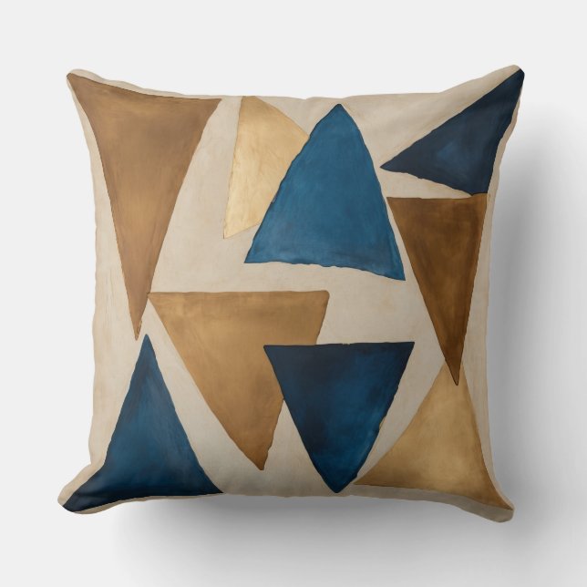 Almofada abstrato de cobre, triângulo azul e dourado com mu (Frente)