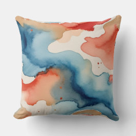 Almofada Abstrato de Cor de Água Vermelha, Branca e Azul