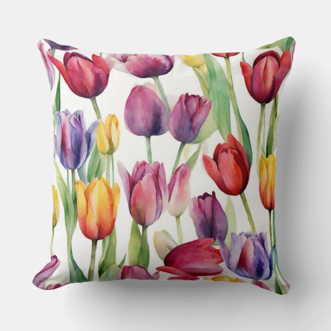 Almofada Abstrato de Flores de Tulipas de Aquarela (Frente)