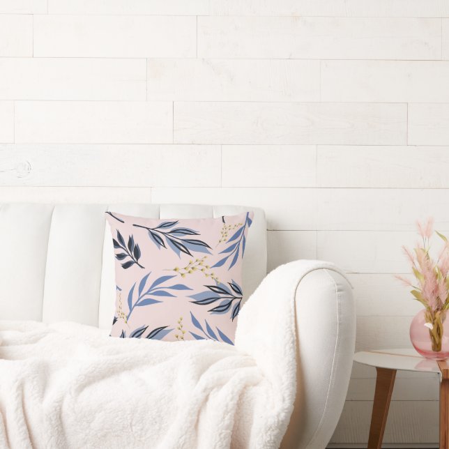 ALMOFADA ABSTRATO DE FOLHAS AZUIS E IMPRESSÃO DE FLOR AMARE (Sofá)