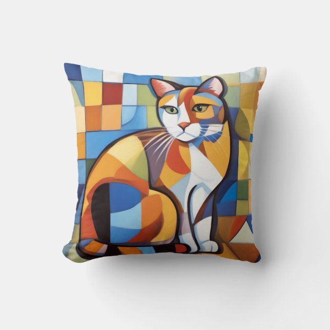 Almofada Abstrato Feline Beauty Calico Cat Cubist (Frente)
