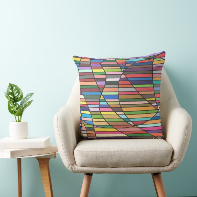 Almofada Abstrato Listrado Multicolorido com Curvas Fluídas (Cadeira)