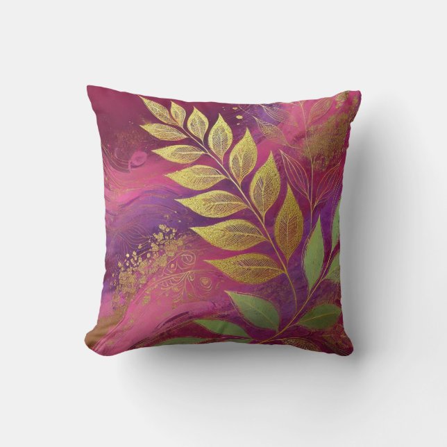 Almofada Abstrato Maroon-Ouro Leaf-Trabalho de arte Estilo  (Frente)