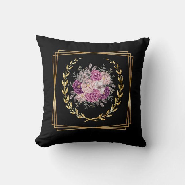 Almofada Abstrato Preto Dourado Roxo Floral Boho Tendência (Frente)