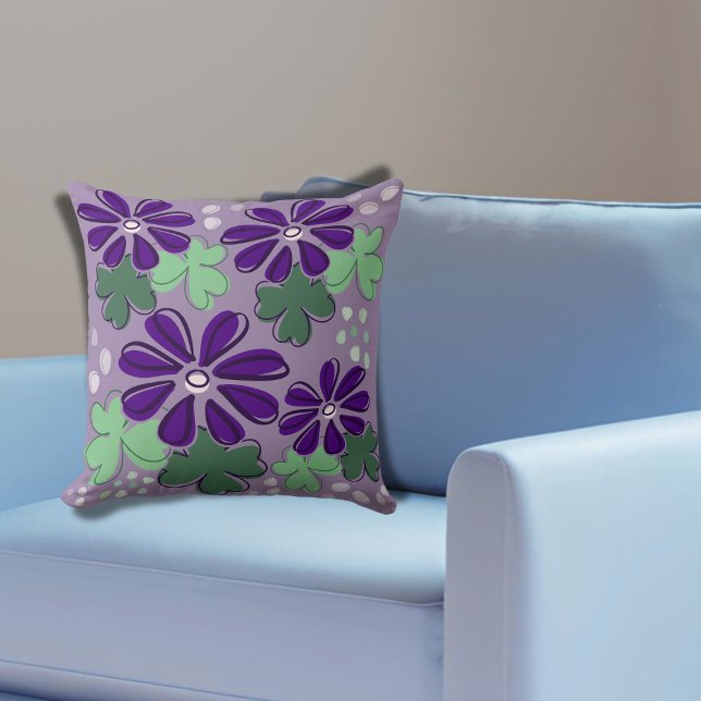 Almofada Abstrato Purple Green Clover deixa uma porta flexí (Abstract Purple Green Clover Leaves Floral Doodle Throw Pillow)