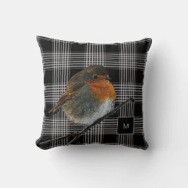 Almofada Abstrato robin bird em monograma branco preto