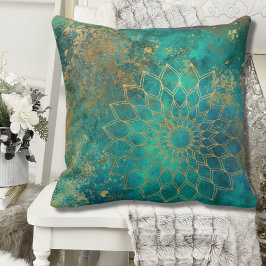 Almofada Abstrato Teal Watercolor Dourado Grunge Mandala