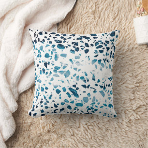 Almofada Abstrato Terrazzo Mosaico Marinho e padrão azul cl