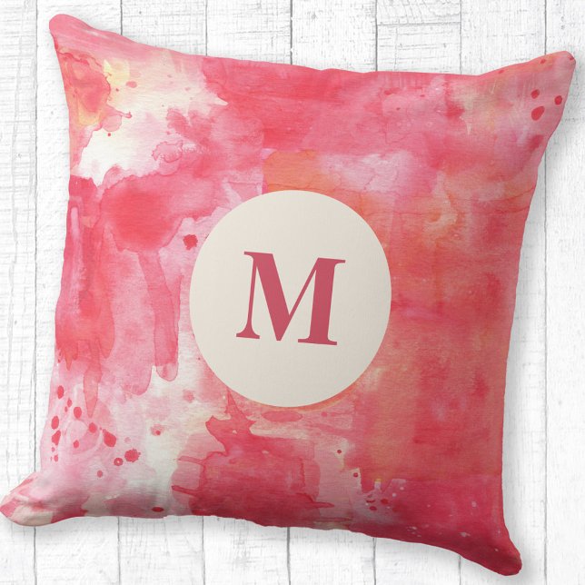 Almofada Abstrato Watercolor Pink Monograma (Modern monogram initial personalized pink abstract watercolor throw pillow)