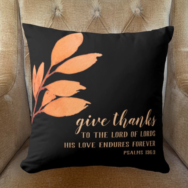 Almofada Ação de Graças da Moderna Elegante Original Waterc (Give thanks Psalms Bible verse on modern black with original botanical watercolor Thanksgiving Decor)