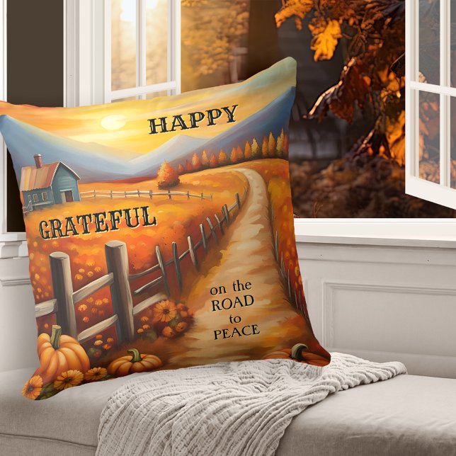 Almofada Ação de Graças Grateful Fall (Colorful Thanksgiving pillow featuring an autumn country landscape with farm and pumpkins at sunset)