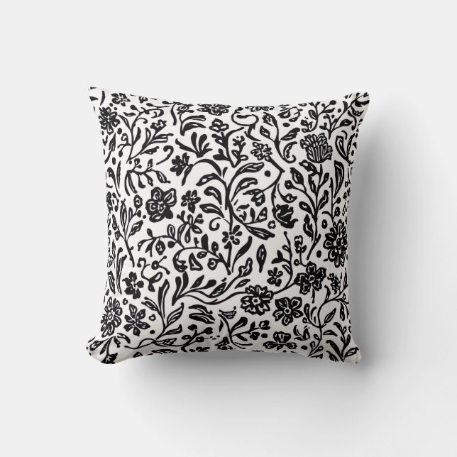 Almofada Acento com Estampa Floral em Preto e Branco (Frente)