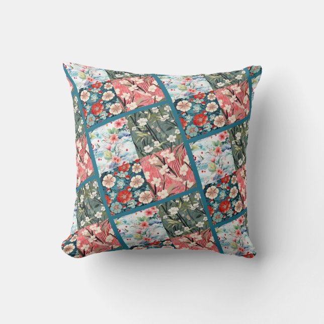 Almofada Acento Floral Japonês de Patchwork Vibrante para C (Frente)