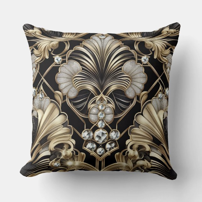 Almofada Acentos Retro para Lar | Art Déco Preto e Dourado (Frente)