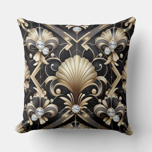 Almofada Acentos Retro para Lar | Art Déco Preto e Dourado (Frente)
