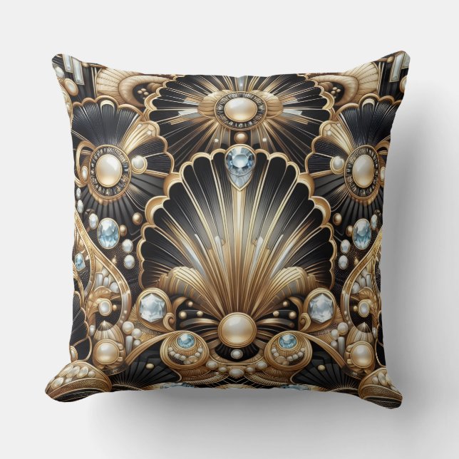 Almofada Acentos Retro para Lar | Art Déco Preto e Dourado (Frente)