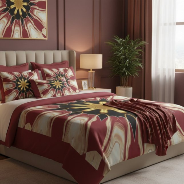 Almofada Achempong: Starburst | Deep Crimson Cream Golden B (The final touch of tranquility: A lavish bed dressed with an Achempong custom duvet cover, layered)