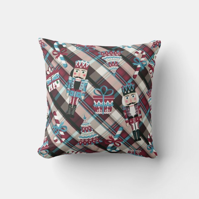 Almofada Acrililado de Natal Plaid Azul Burgundy (Frente)