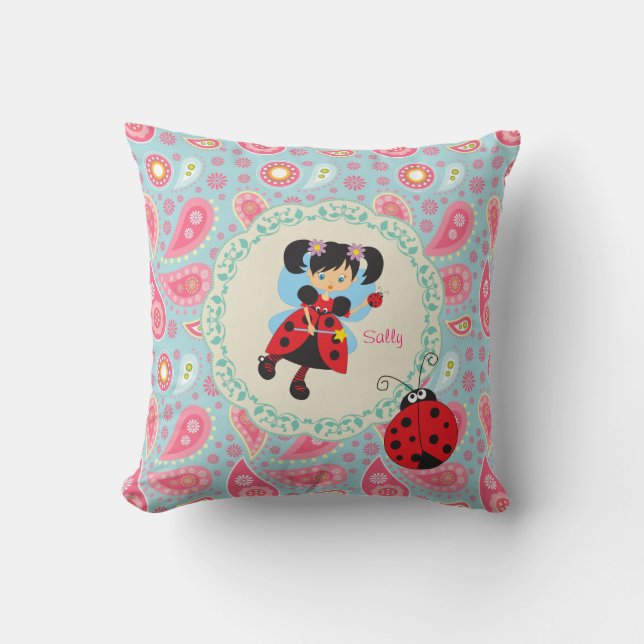 Almofada Adicionar nome Bonito ladybug Fairy pink paisley (Frente)