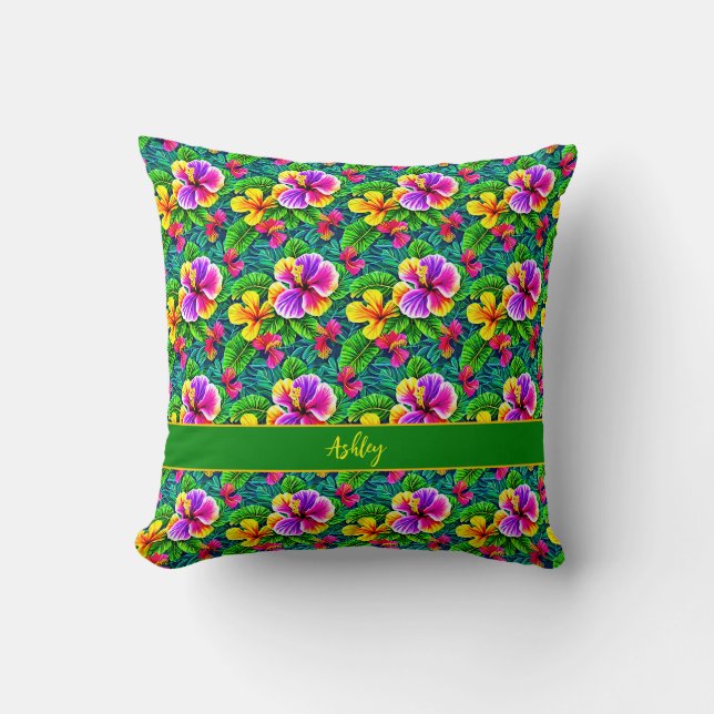 Almofada Adicionar Nome Texto Tropical Hibiscus Flor Selva  (Frente)