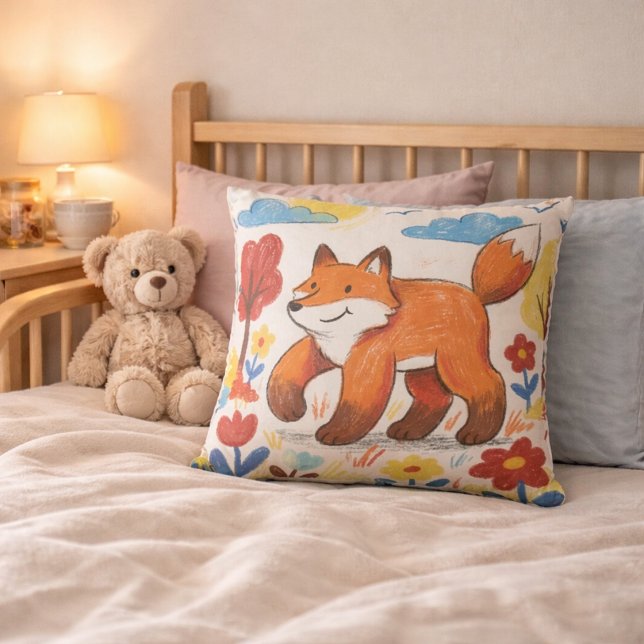 Almofada Adorable Fox Walking Among Flowers Drawing Kids (Criador carregado)