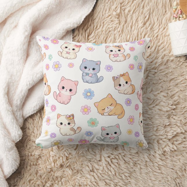 Almofada Adorable Kawaii Pastel Kitten and Floral Pattern  (Cobertor)