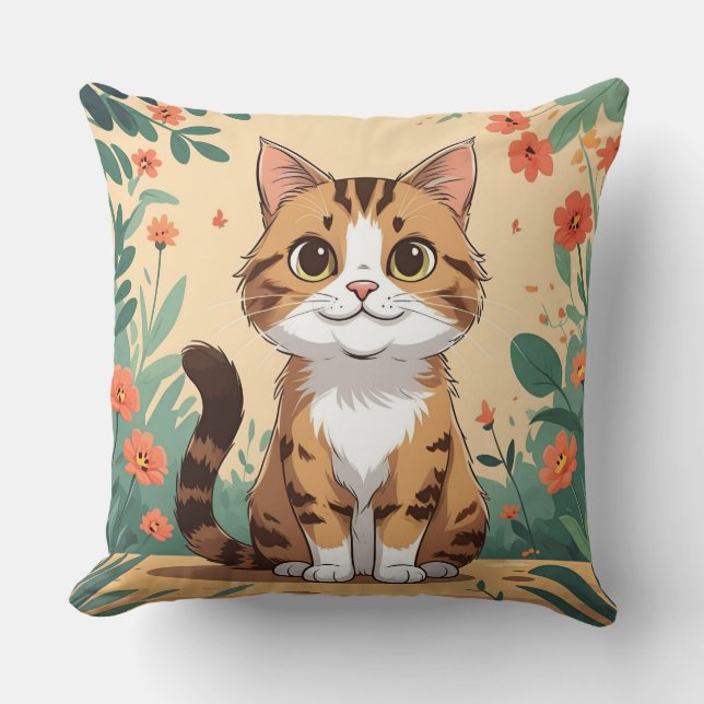 Almofada Adorable Tabby Cat in Blossom Garden Throw Pillow (Frente)