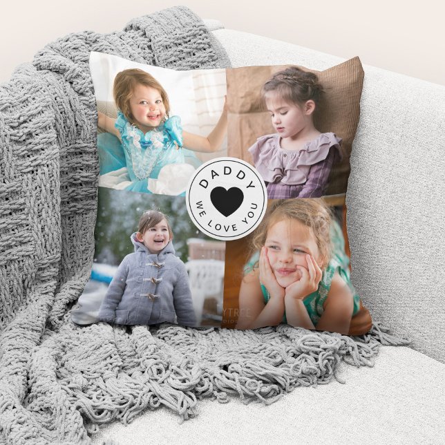 Almofada Adoramos Você Pai Moderno / 4 Colagem de Fotografi (Cute custom photo collage "Daddy We Love You" throw pillow.)