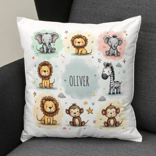 Almofada Adoráveis Doodles de Animais da Savana em Aquarela