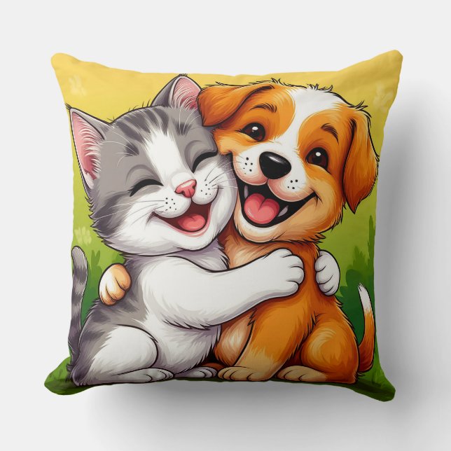 Almofada Adorável Cachorrinho e Gatinho Se Abraçando com So (Frente)