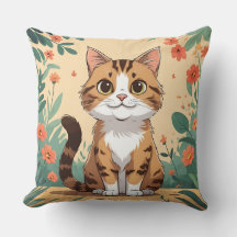 Almofada Adorável de Gato Tabby no Jardim Florido