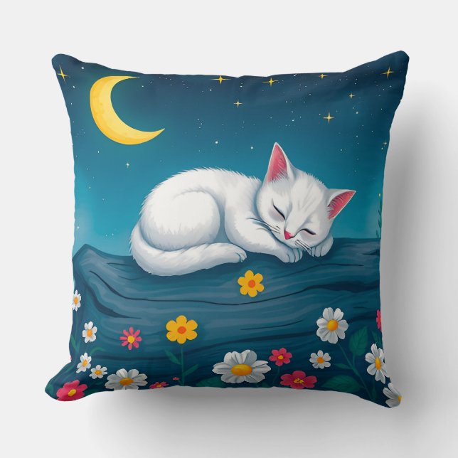 Almofada Adorável gatinho branco dormindo em árvore à noite (Frente)