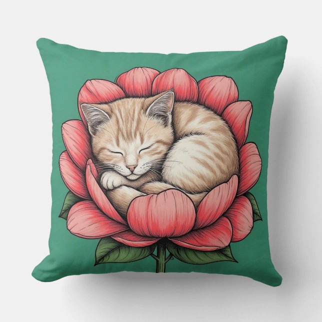 Almofada Adorável Gatinho Dormindo Dentro de Flor (Frente)