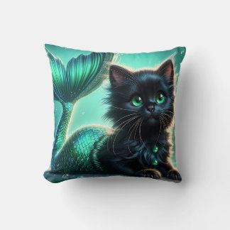 Almofada "Adorável Gatinho Preto de Sereia com Olhos Verdes