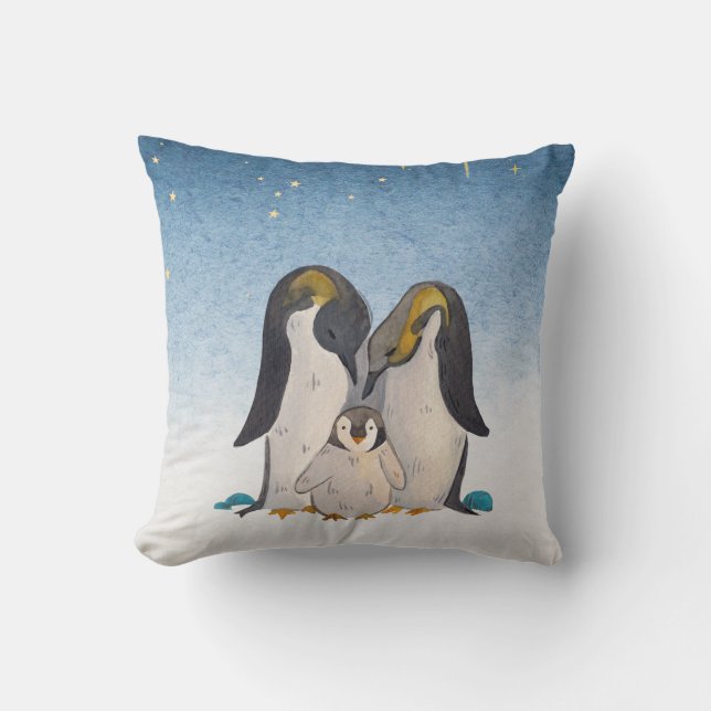 Almofada Adorável Pinguin Family Watercolor (Frente)