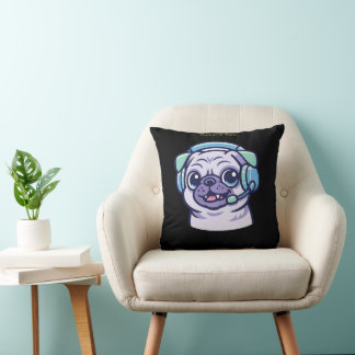 Almofada Adorável Pug Gamer Verde Ácido Sala de Jogos Preta