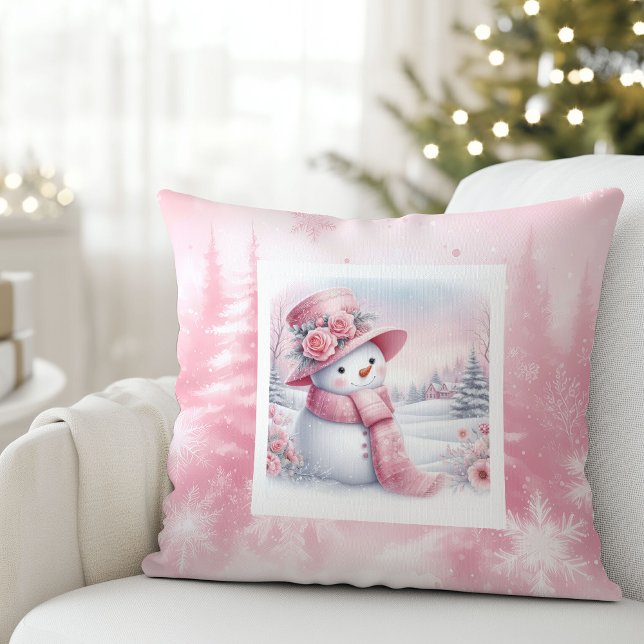Almofada Adorável Travesseiro de Neve Rosa Pinkmas Floresta (Adorable Pink Snowman Pillow Forest Pinkmas)