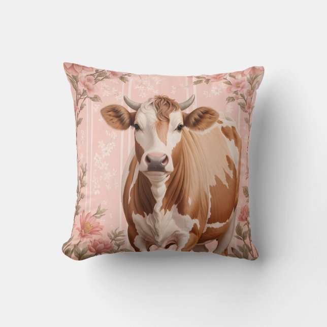 Almofada Adorável Vaca Jersey Floral Rosa (Frente)
