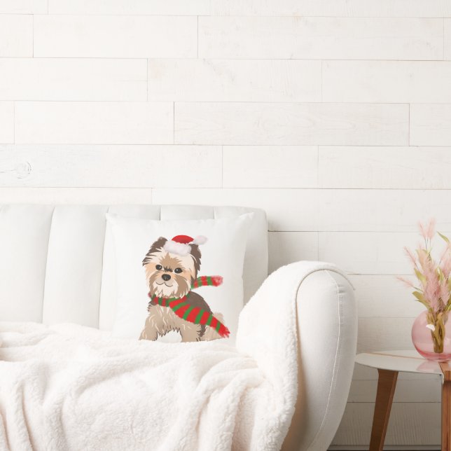 Almofada Adorável Yorkie de Natal com Chapéu de Papai Noel  (Sofá)