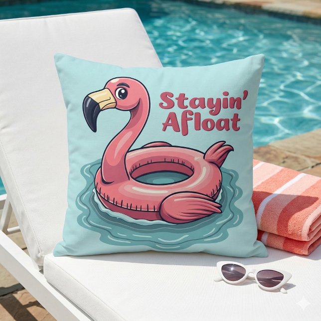 Almofada Afloat Funny Flamingo Piscina Float Retro (Stayin’ Afloat Funny Flamingo Pool Float Retro Throw Pillow Mockup A)