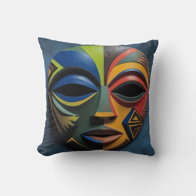 Almofada African Tribal Mask Cubism Abstract (Frente)