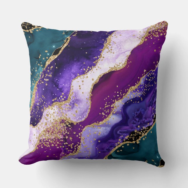 Almofada Ágata Pavão com Brilho Rosa, Roxo e Azul Turquesa (Frente)