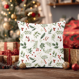 Almofada Aguarela de Folhagem de Natal e Bagas Vermelhas